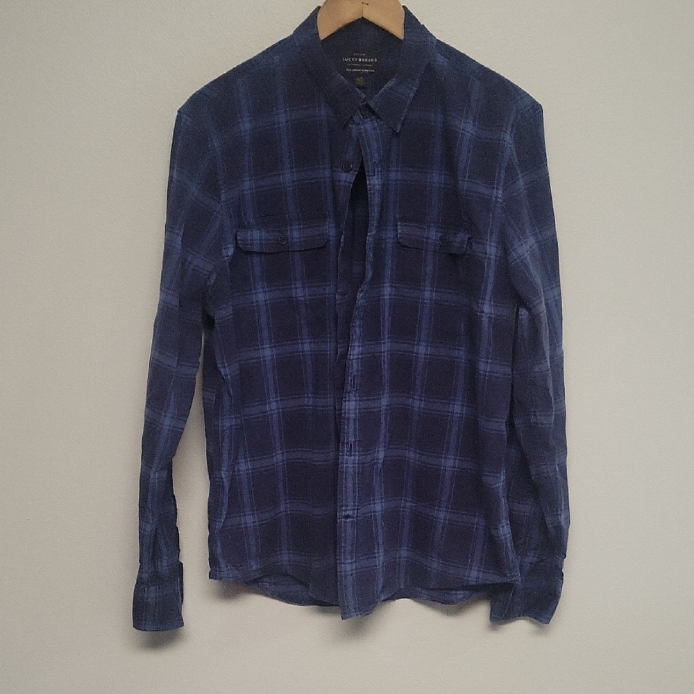 Lucky Brand Saturday Stretch Navy Plaid Button Down Shirt